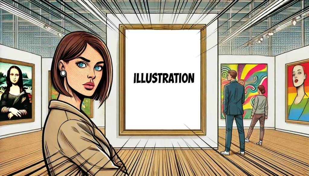 Une femme, avec une expression dubitative, se tient devant une peinture moderne entièrement blanche où seul un texte est présent "illustration". Le musée en arrière-plan est dynamique et coloré, avec d'autres œuvres d'art abstraites exposées sur les murs.